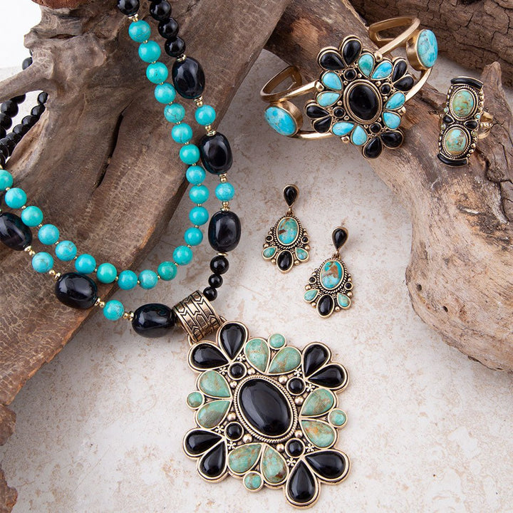 Double Up Blue Turquoise and Black Onyx Golden Ring