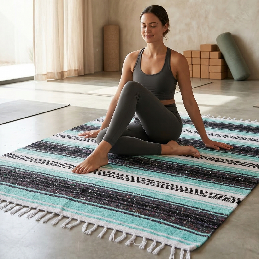 Woman practicing yoga on a striped rug in a bright room.