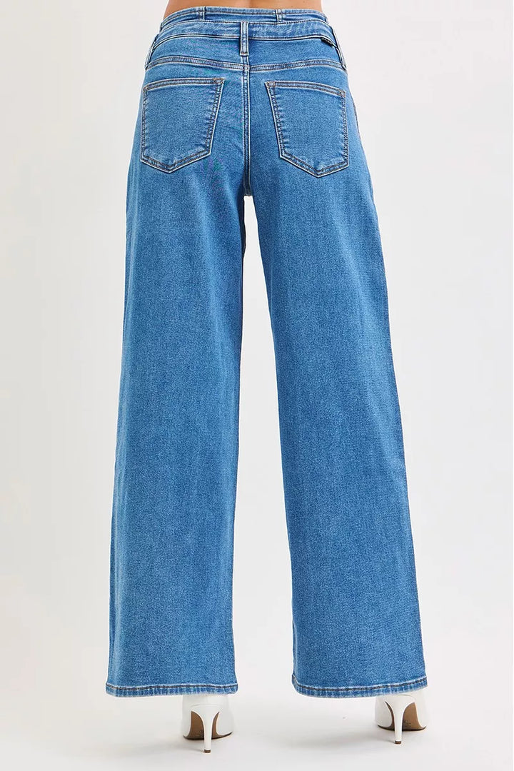 RISEN Full Size Mid Rise Fit Wide Leg with Pleated Detail Jeans Plus Size