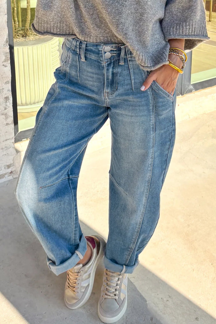 Fallon Blue Medium Wash Cuffed Barrel Jeans