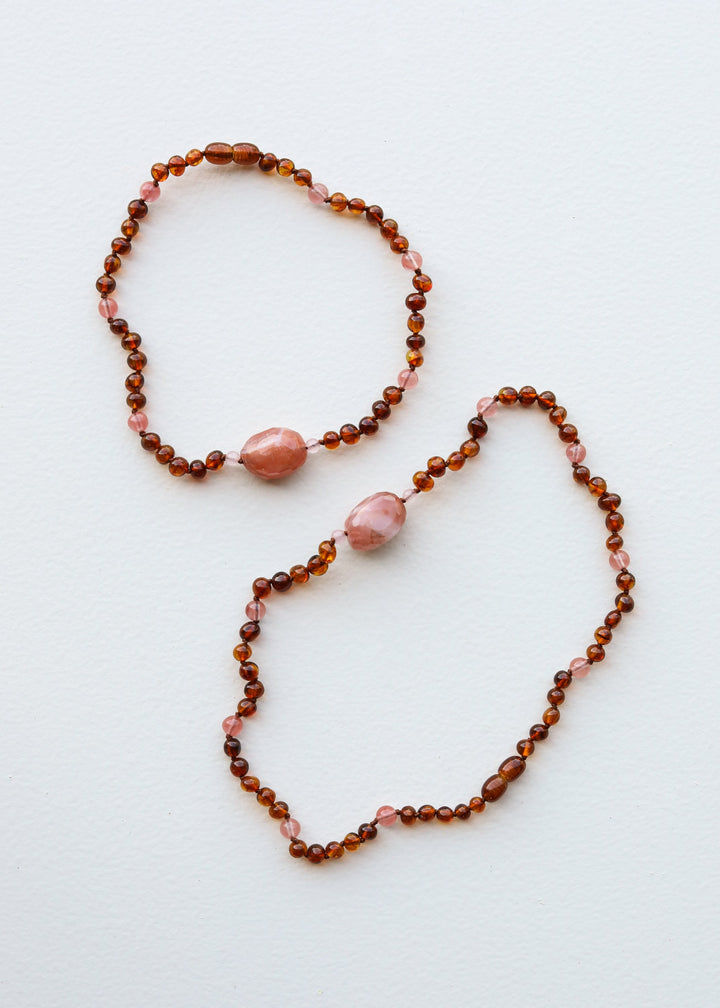 Cognac Baltic Sea Amber || Cherry + Rose Quartz || Necklace