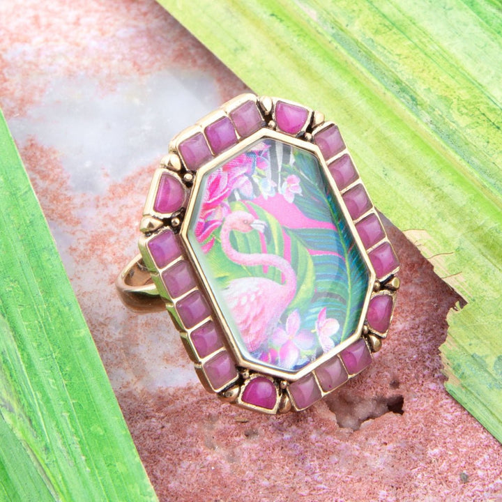 Flamingo Pink Agate Golden Statement Ring