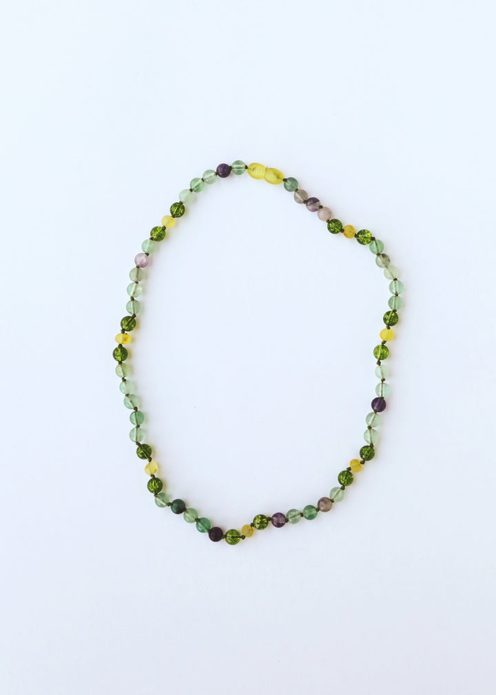 Raw Baltic Sea Amber + Fluorite + Peridot || Gemstone Necklace