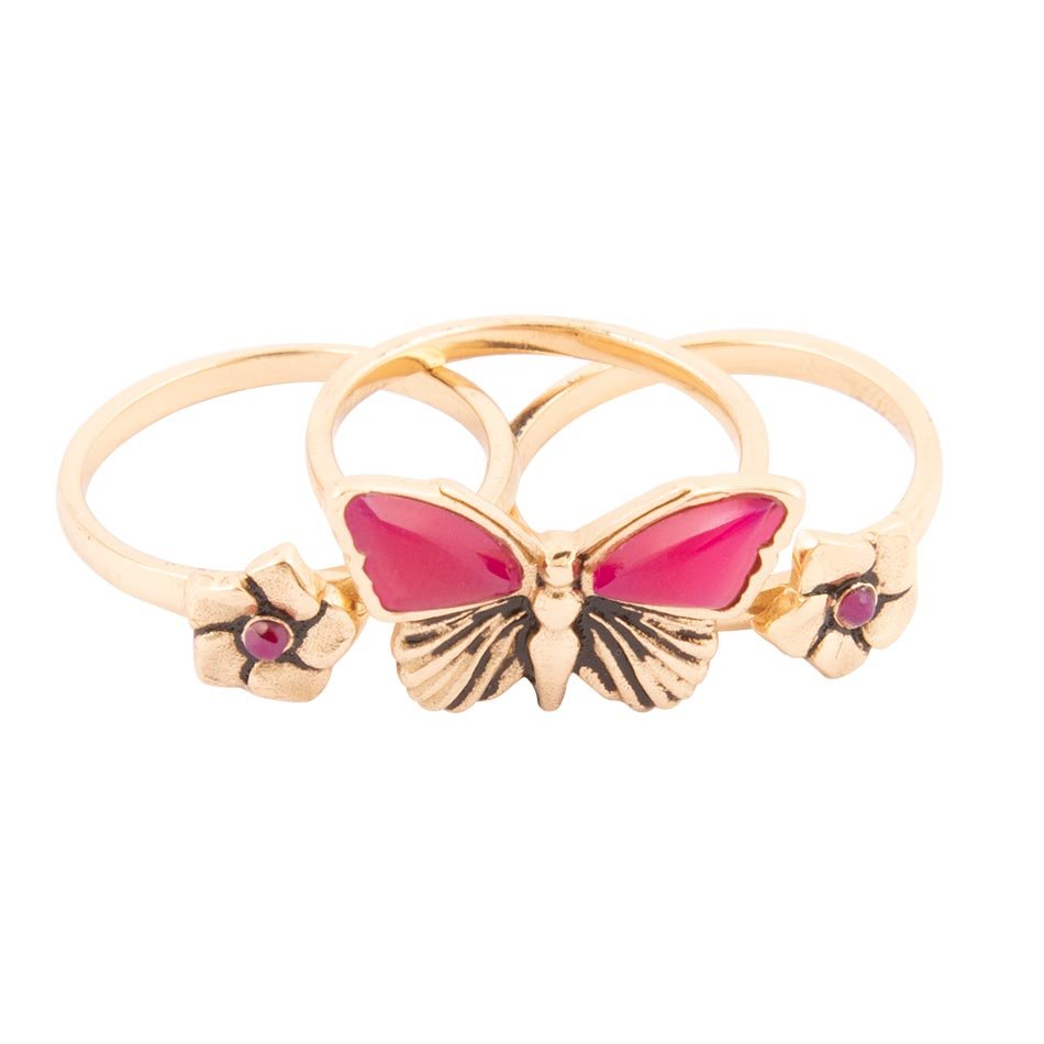 Pink Fuchsia Agate Golden Butterflies Triple Ring Set