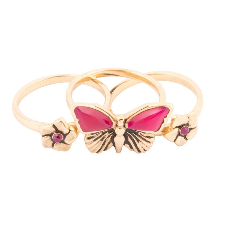 Pink Fuchsia Agate Golden Butterflies Triple Ring Set