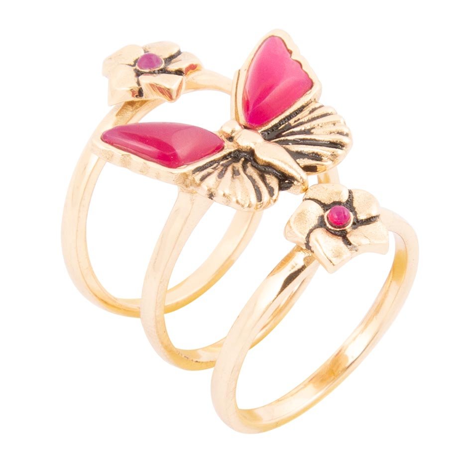 Pink Fuchsia Agate Golden Butterflies Triple Ring Set