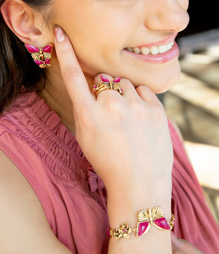 Pink Fuchsia Agate Golden Butterflies Triple Ring Set
