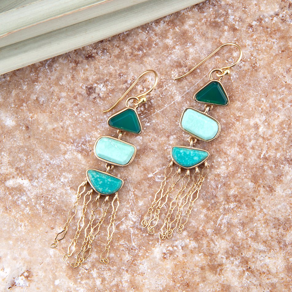 Green Multi Stone Golden Drop Earrings