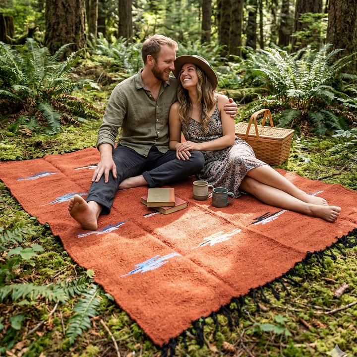 Couple sitting on a red blanket in a forest, surrounded by greenery.