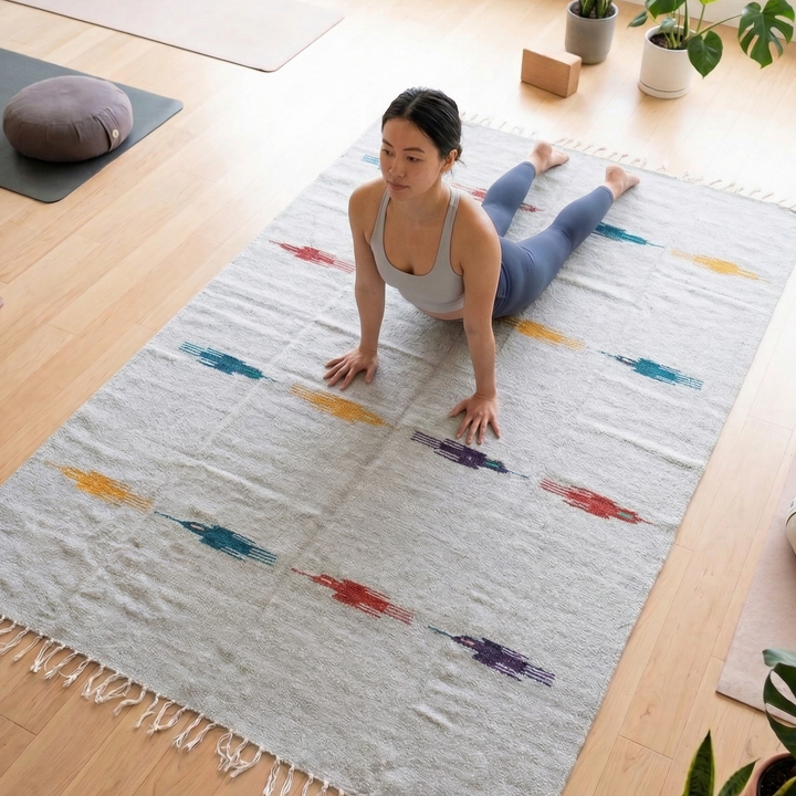 Woman practicing yoga on a colorful rug in a bright room with plants