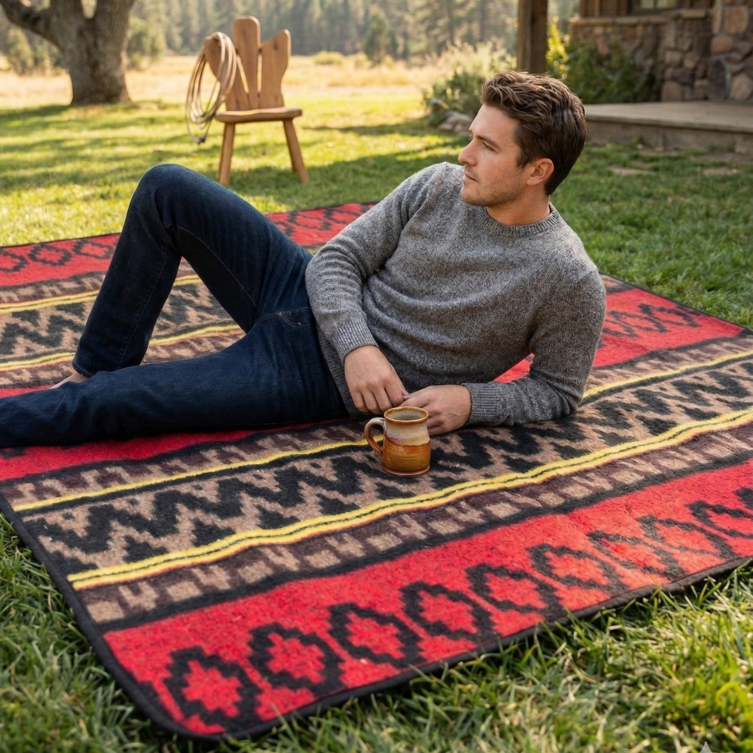Man sitting on a patterned blanket outdoors with a scenic background