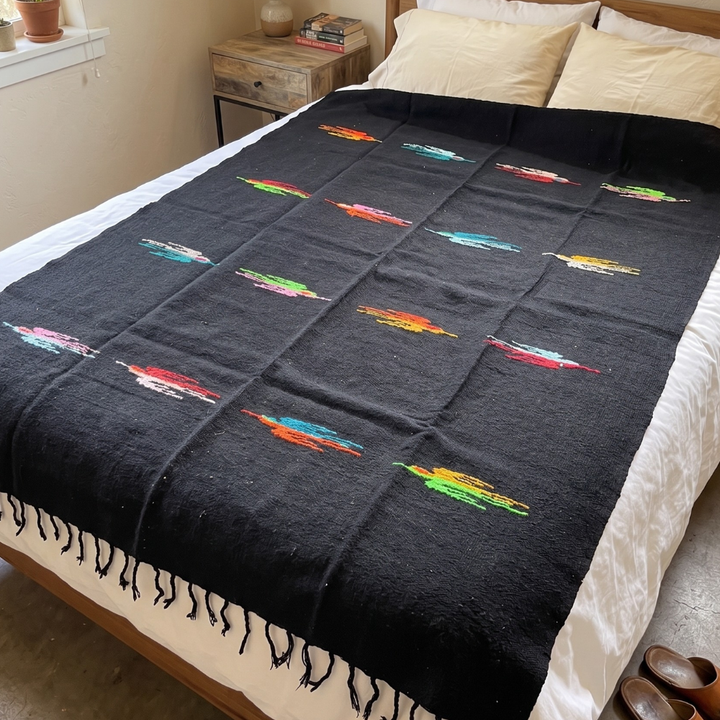 Wool Thunderbird Mexican Blanket - Black