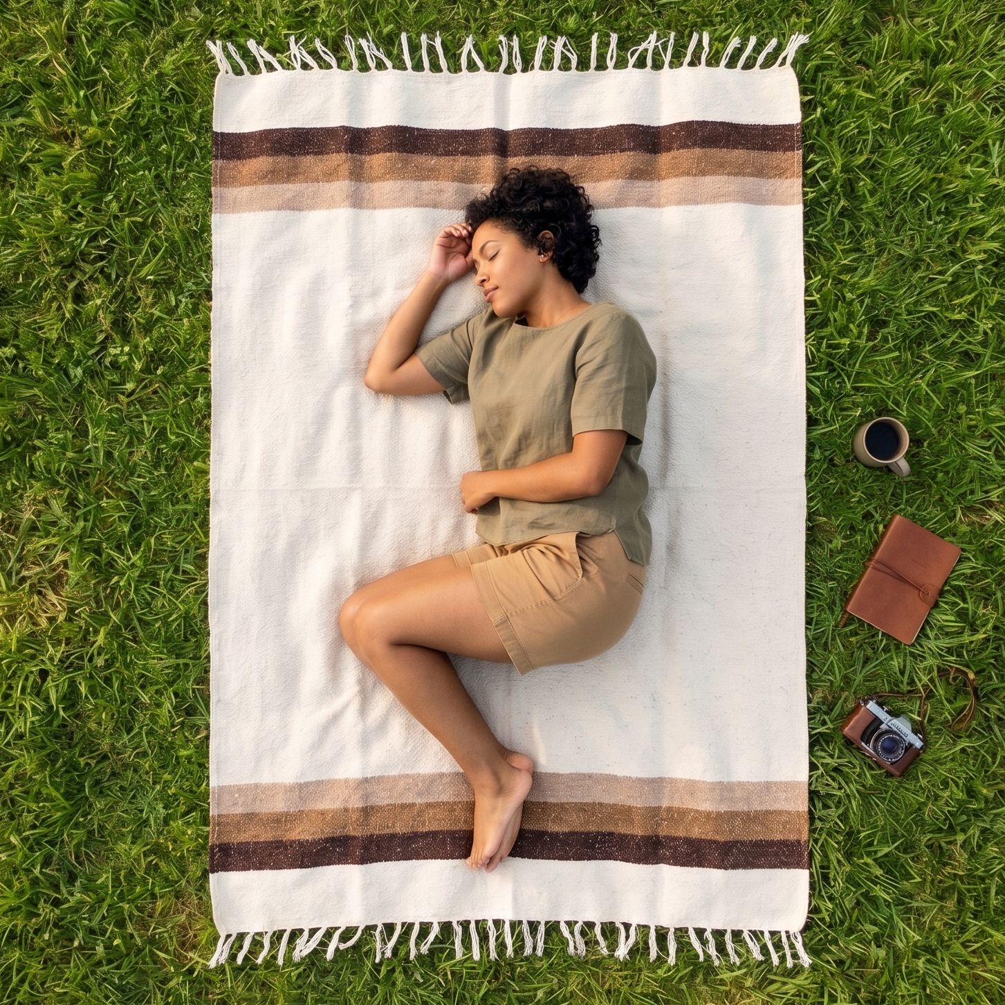 Person lying on a striped blanket in a park