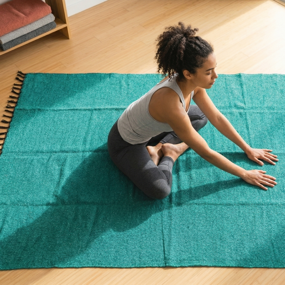Woman practicing yoga on a green mat in a room with wooden flooring.
