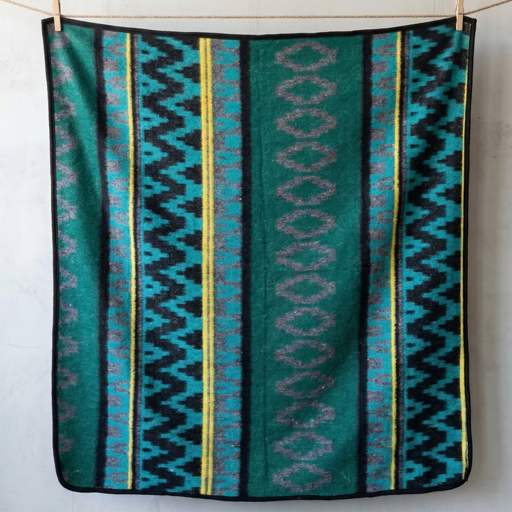 Textile with geometric pattern hanging on a line against a white wall