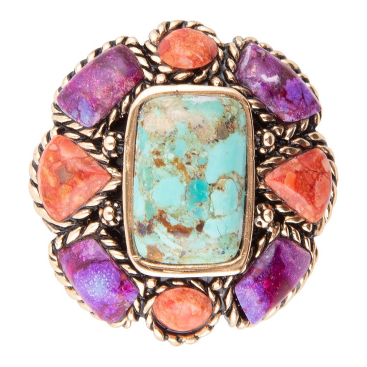 Blue Turquoise Colorful Floral Golden Ring