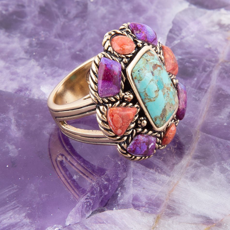 Blue Turquoise Colorful Floral Golden Ring