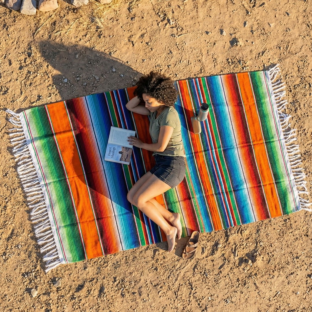 Person sitting on a colorful striped blanket in the desert