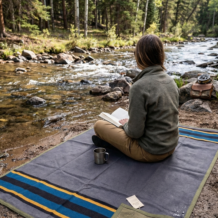 Person sitting on a striped picnic mat by a river, reading a book