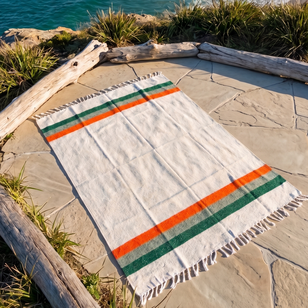 Blanket with red and green stripes on a stone surface near a beach