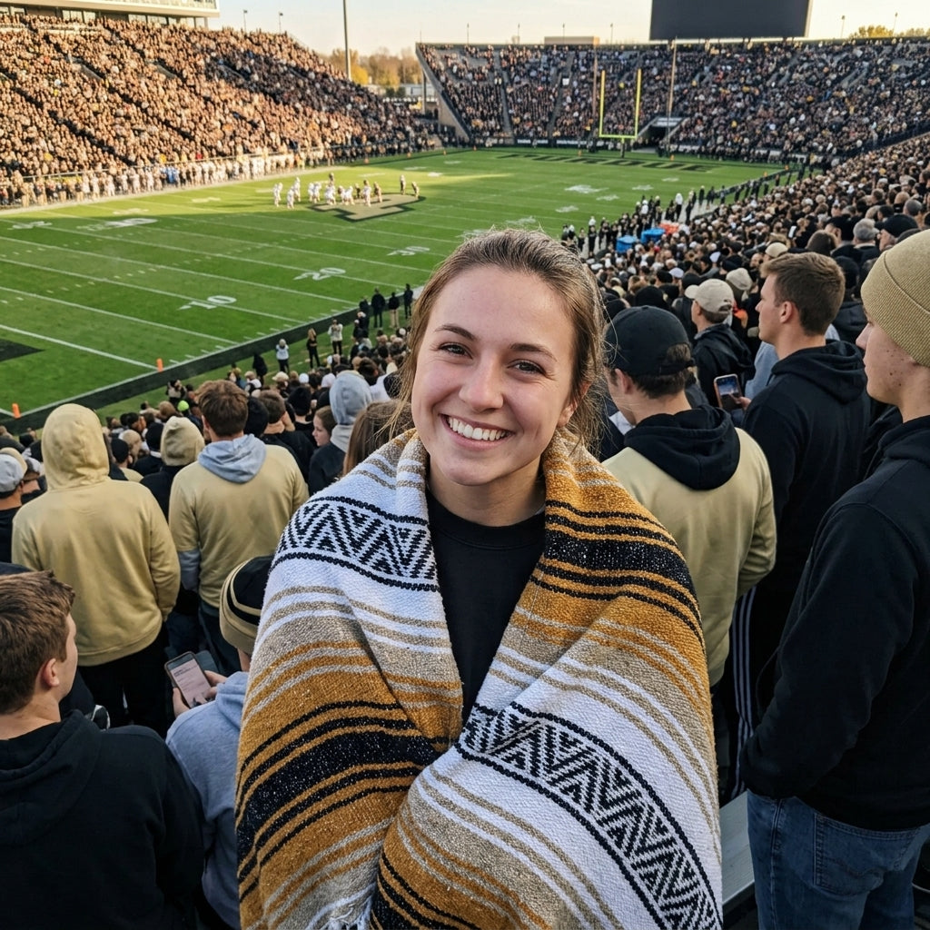 Fan wrapped in a Mexican stadium blanket in Purdue University colors at a college football game