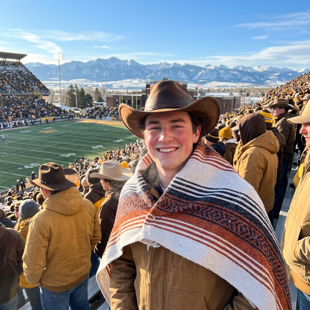 Fan wrapped in a Mexican stadium blanket in University of Wyoming colors at a college football game