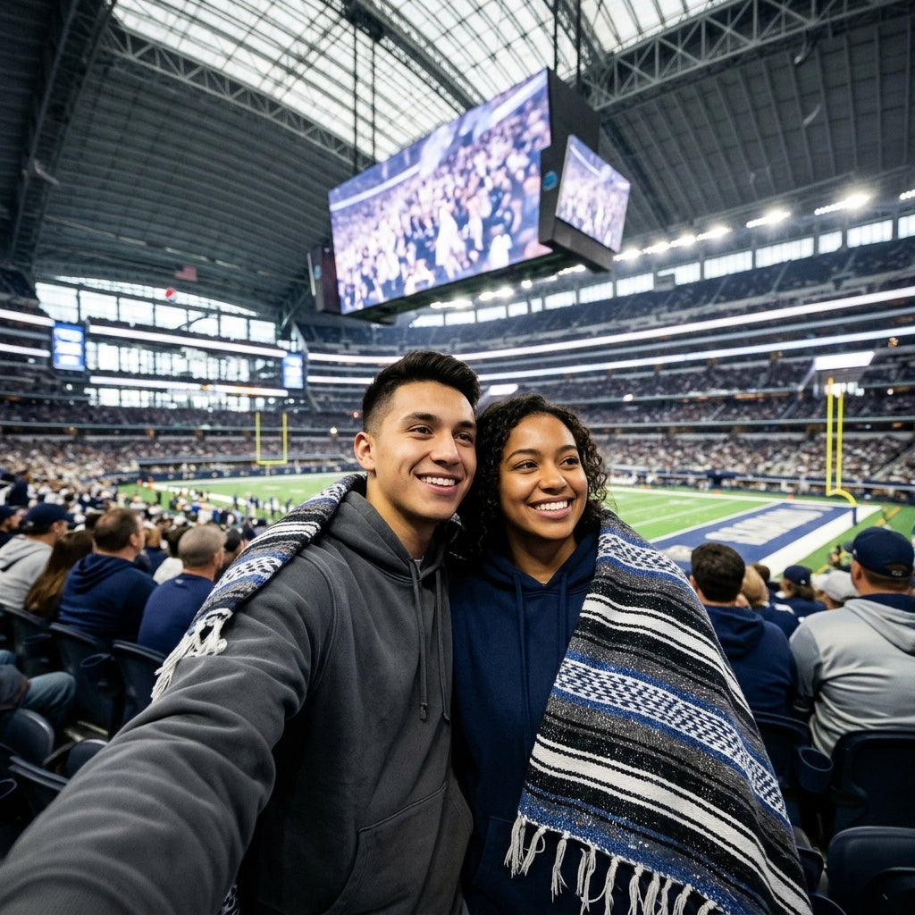 Fan wrapped in a Mexican stadium blanket at a Dallas football game