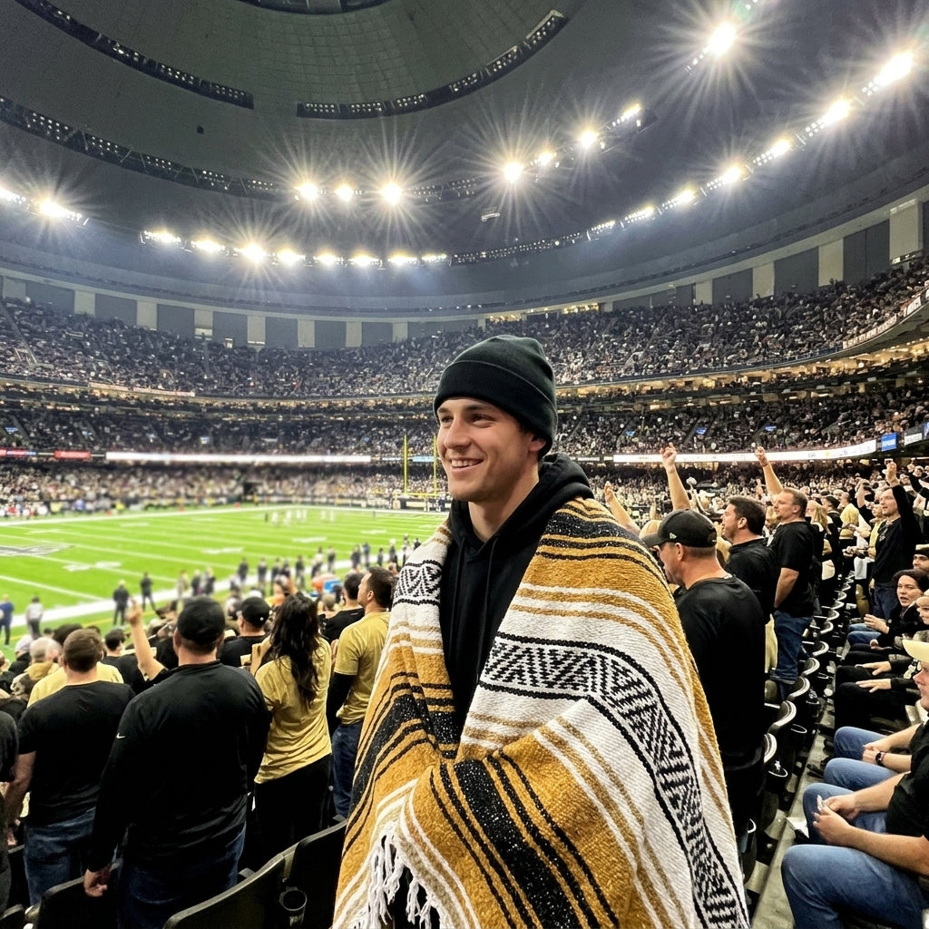 Fan wrapped in a Mexican stadium blanket at a New Orleans football game