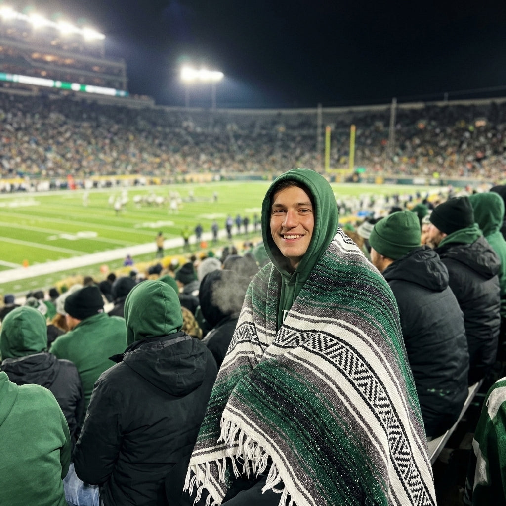 Fan wrapped in a Mexican stadium blanket at a Philadelphia football game