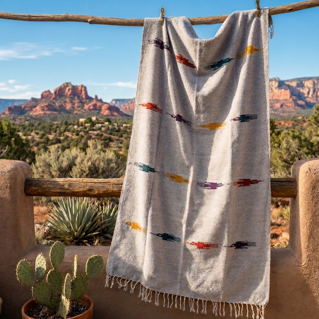 Blanket with colorful patterns hanging on a wooden rack against a scenic desert backdrop