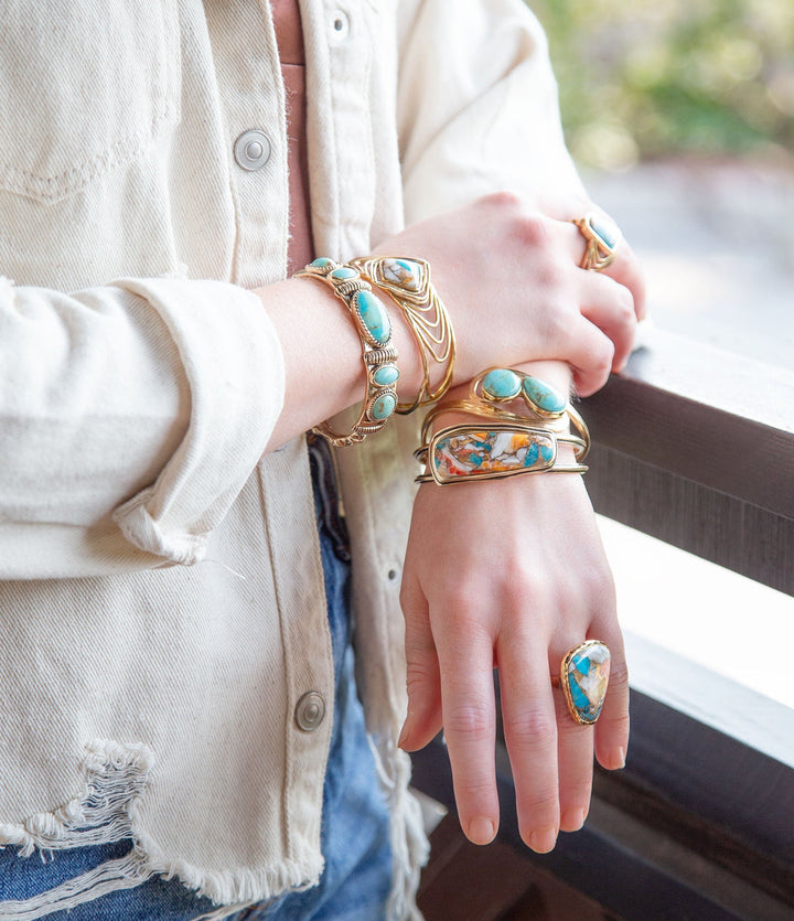 Orange Spiny Oyster and Blue Turquoise Matrix Abstract Golden Ring