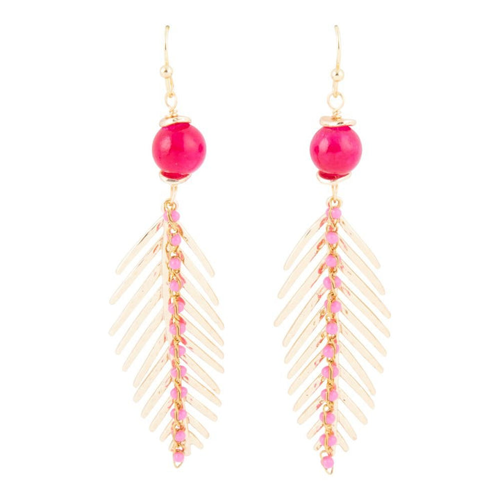 Peony Fuchsia Pink Jade Feather Drop Earrings