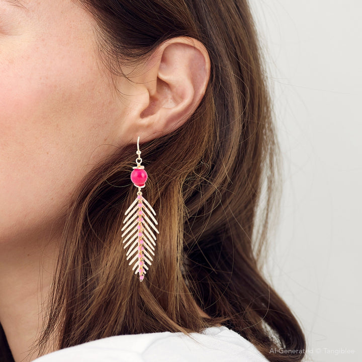 Peony Fuchsia Pink Jade Feather Drop Earrings