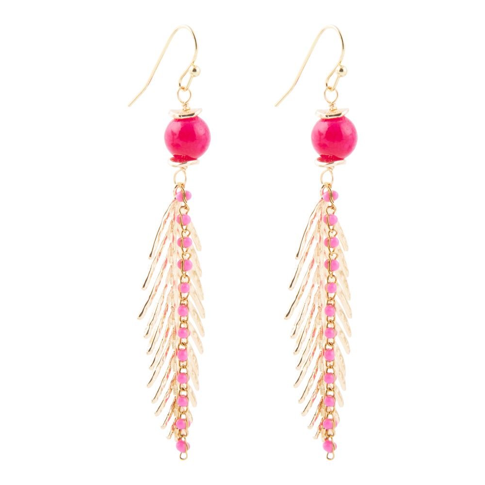 Peony Fuchsia Pink Jade Feather Drop Earrings