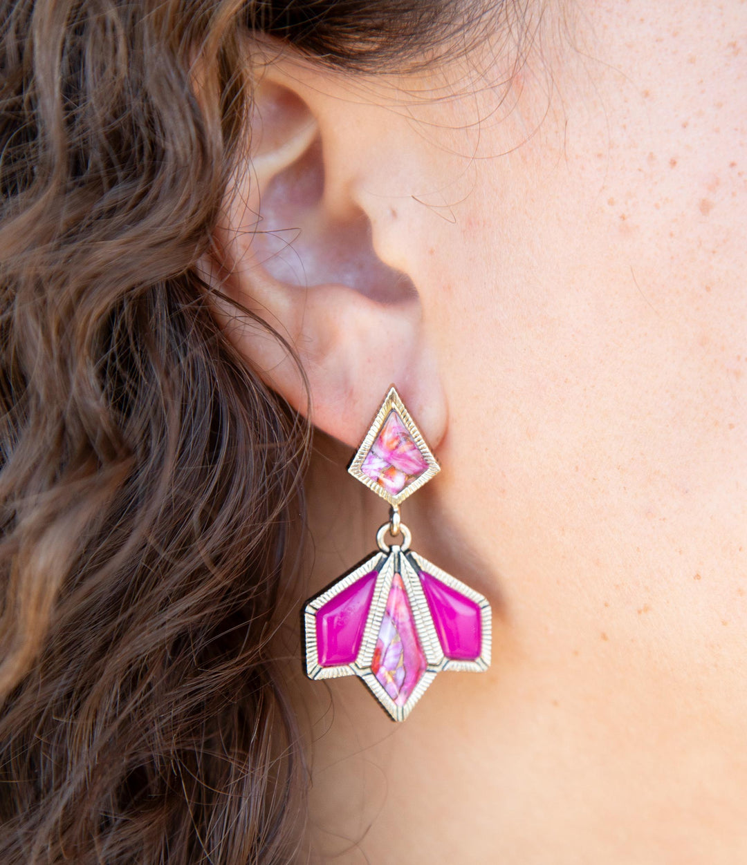 Pink Agate and Shell Matrix Golden Statement Earrings