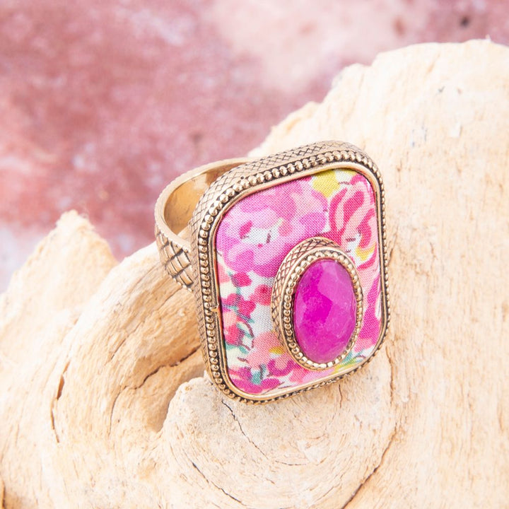 Pink Agate Stacked Stone Floral Golden Statement Ring