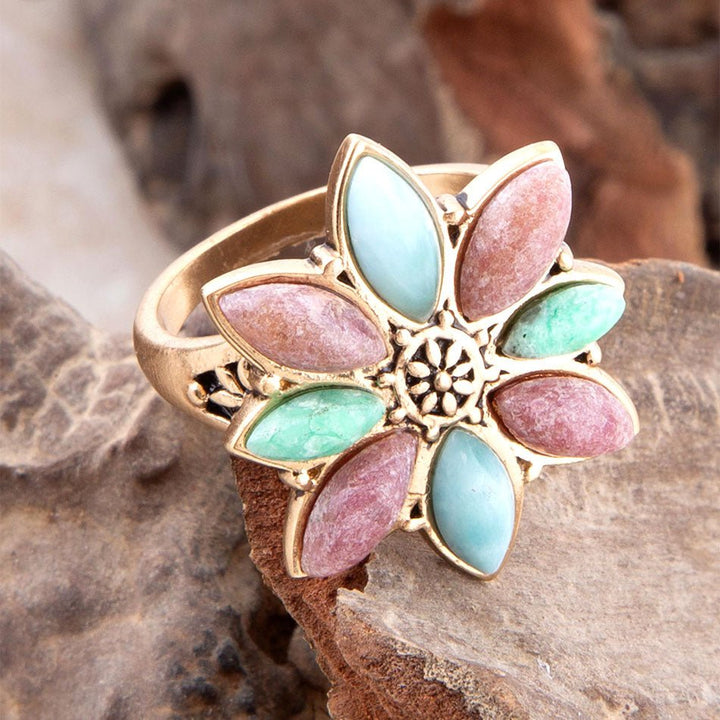 Pink Rhodonite Blue Amazonite and Green Varacite Petals Golden Statement Ring