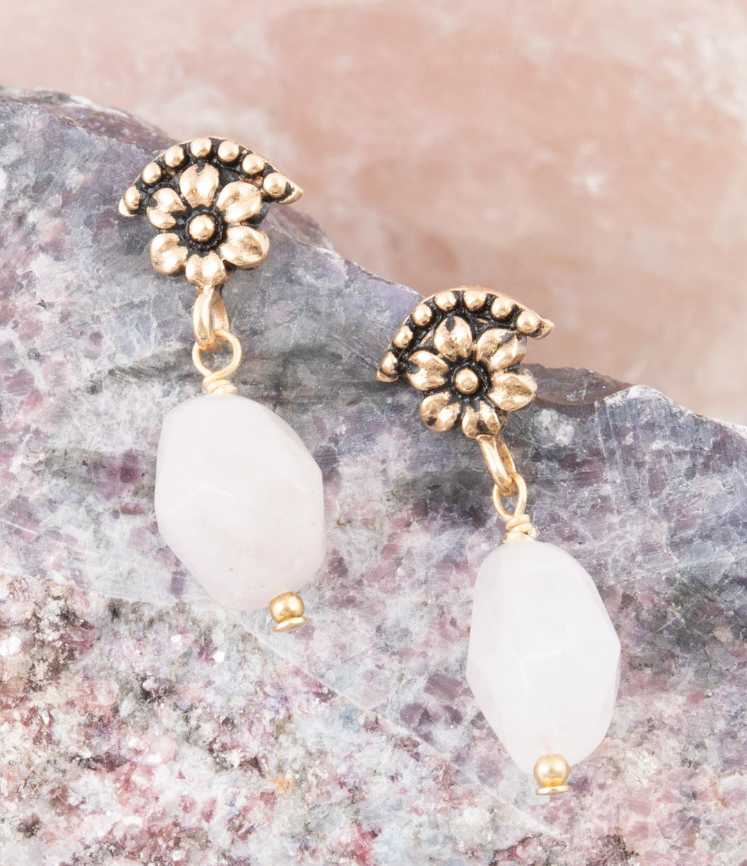 Pink Rose Quartz Golden Floral Drop Earrings