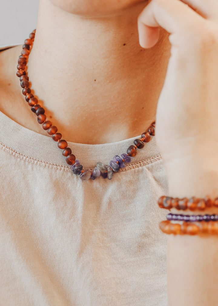 Raw Cognac Baltic Amber + Raw Amethyst || Necklace