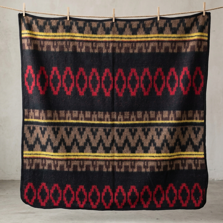 Patterned blanket with red and yellow design on a wooden floor.