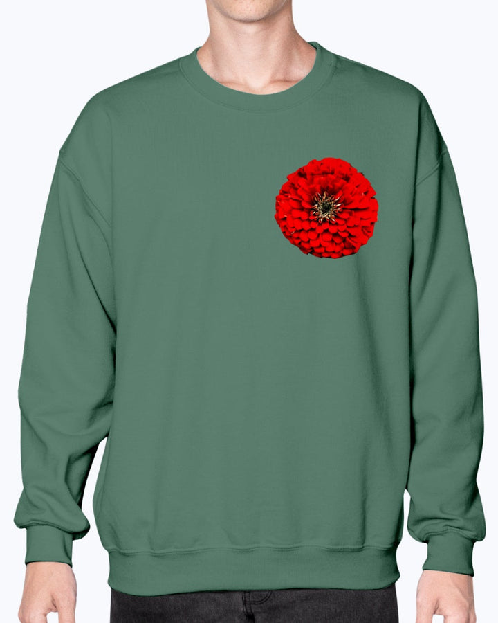 Zinnia Floral Vibrant, Floral Red Zinnia, Flower, Moss Apparel, Unisex Crewneck Sweatshirt