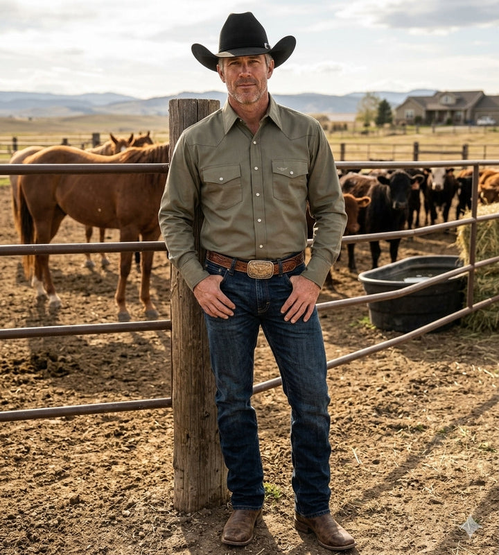 Flying R Ranchwear - Prairie Twill Solid - Safari Green - Long Sleeve - Snaps - Classic Fit