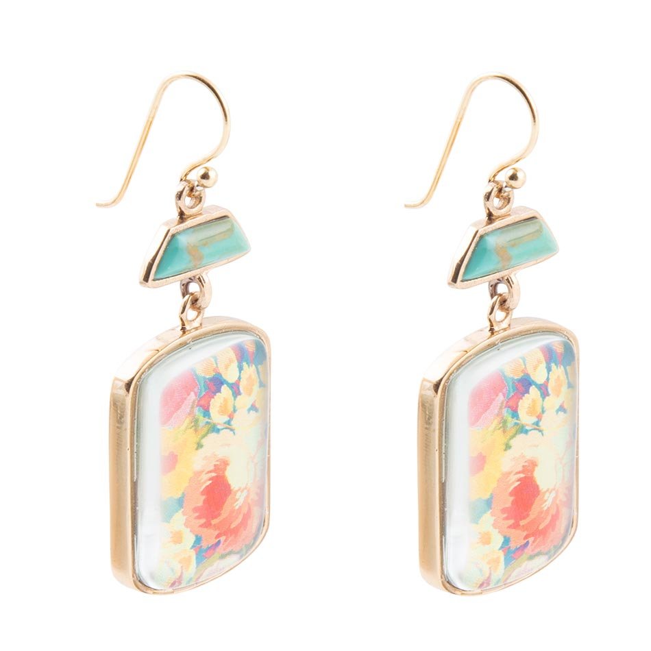 Scenic Floral Blue Turquoise Golden Earrings