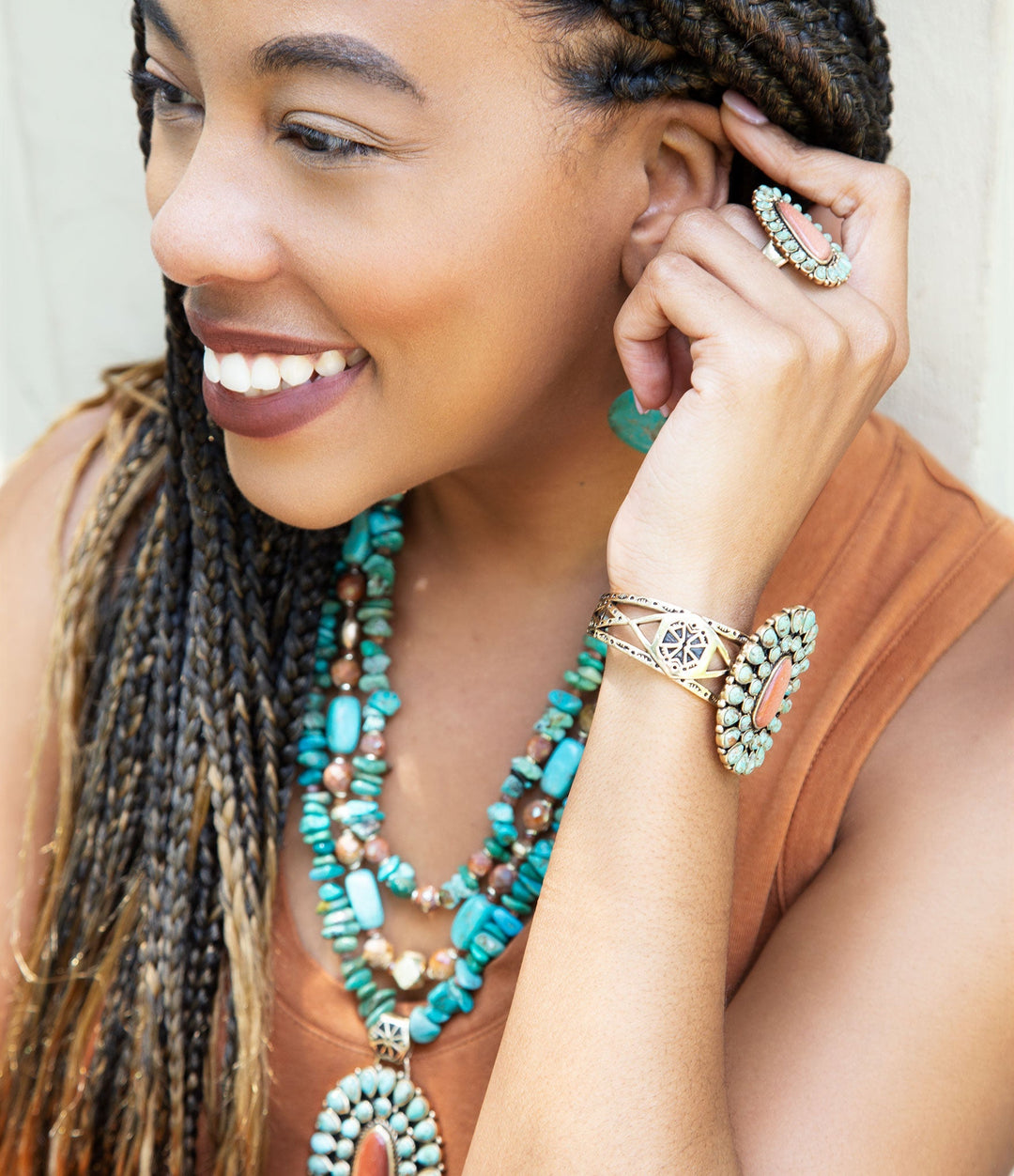 Sedona Blue Turquoise Orange Goldstone Golden Statement Ring