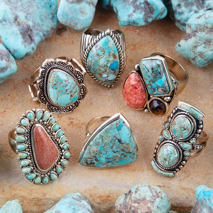 Sedona Blue Turquoise Orange Goldstone Golden Statement Ring