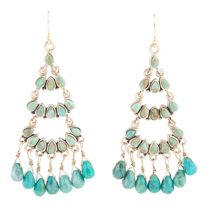 Triple the Blue Turquoise Golden Chandelier Earrings