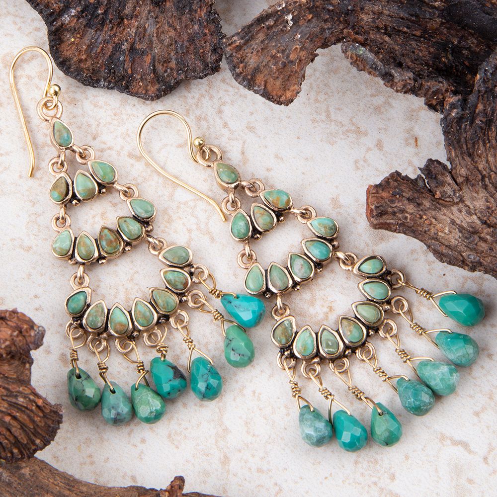 Triple the Blue Turquoise Golden Chandelier Earrings