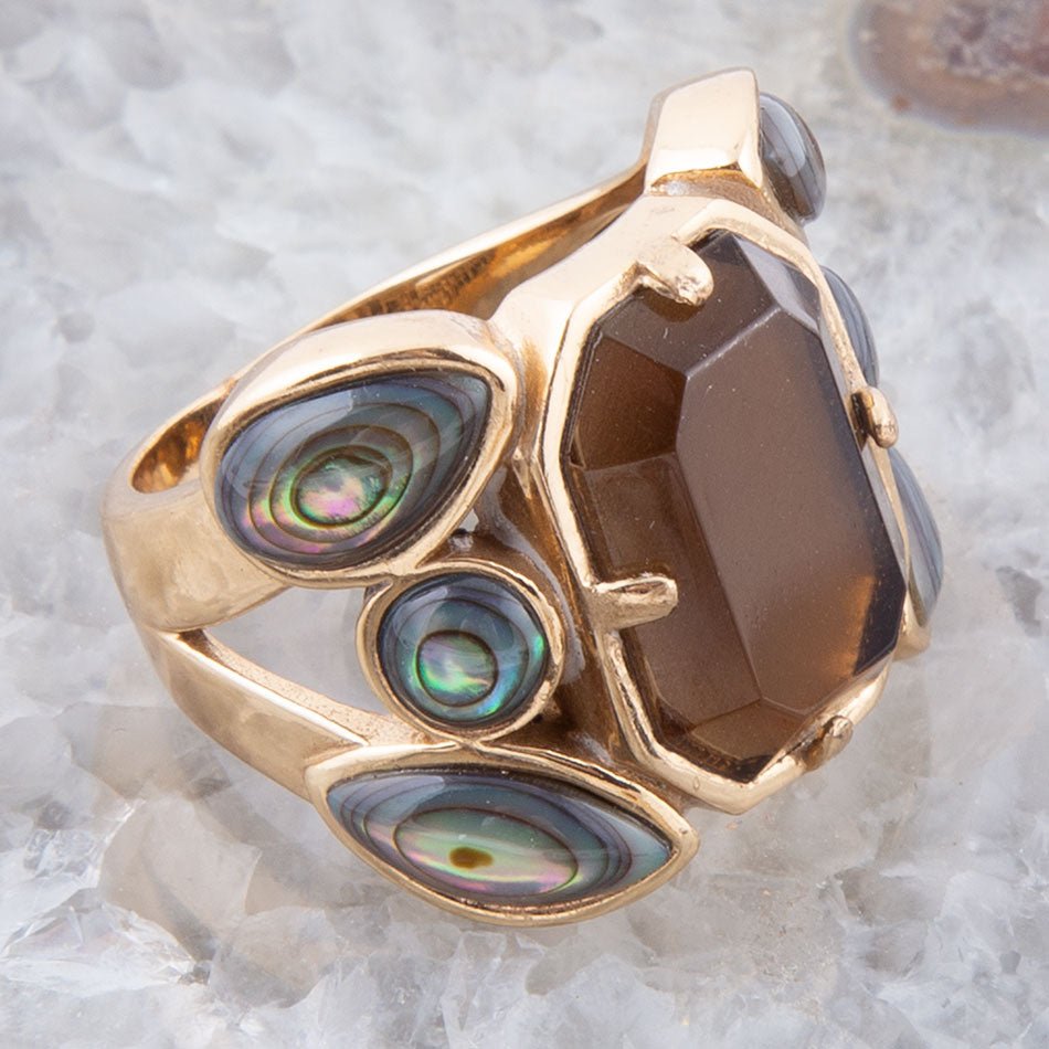 Tribecca Smoky Brown Quartz and Abalone Statement Golden Ring