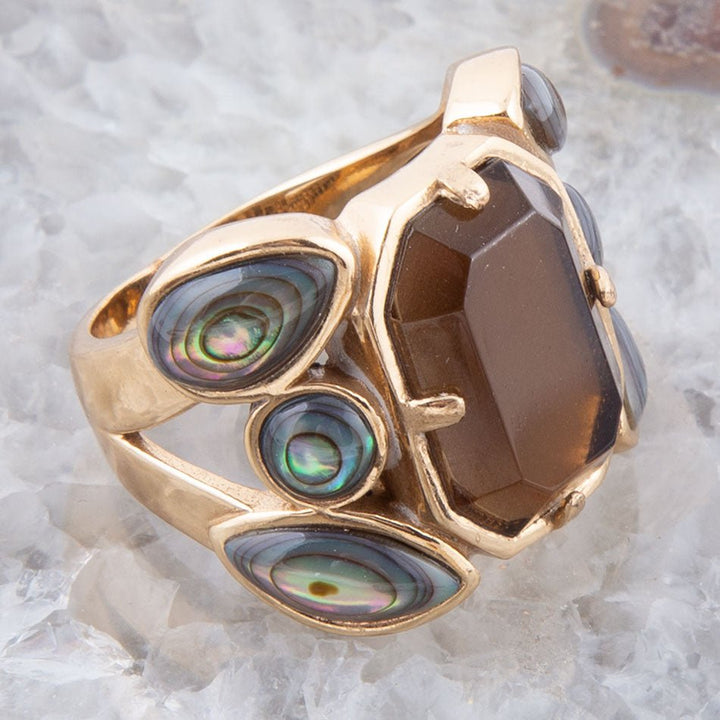Tribecca Smoky Brown Quartz and Abalone Statement Golden Ring
