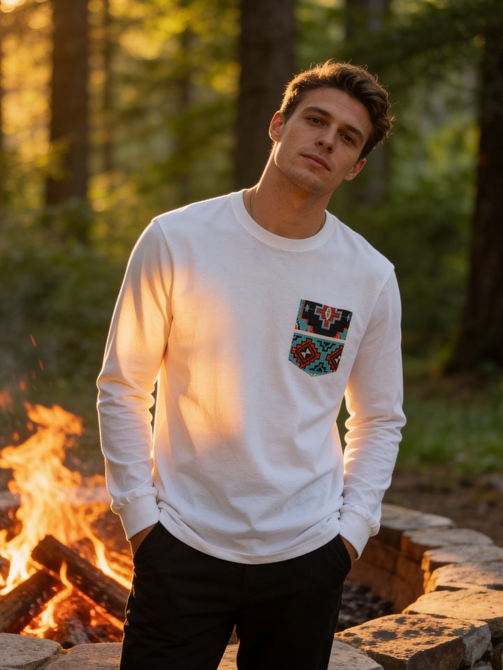 Southwest Print - Long Sleeve -White Pocket T-shirt - Made in USA